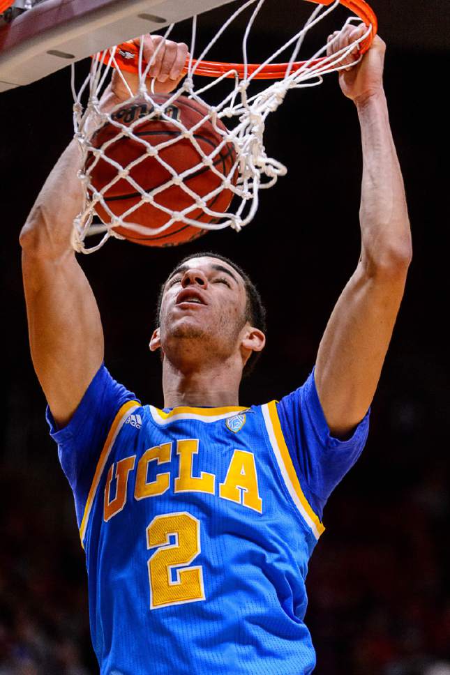 Trent Nelson  |  The Salt Lake Tribune
UCLA Bruins guard Lonzo Ball (2) dunks the ball as the University of Utah hosts UCLA, NCAA mens basketball at the Huntsman Center in Salt Lake City, Saturday January 14, 2017.