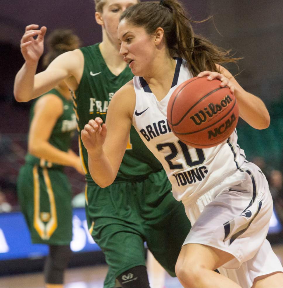 Rick Egan  |  The Salt Lake Tribune

Brigham Young Cougars guard Cassie Broadhead (20) takes the ball inside, in the West Coast Conference Championship game, at the Orleans Arena in Las Vegas, Tuesday, March 8, 2016.