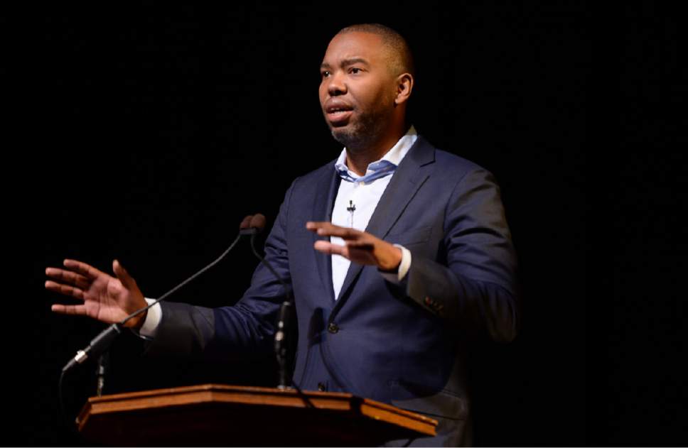 Francisco Kjolseth | The Salt Lake Tribune
Ta-Nehisi Coates, a journalist and ìmemoiristî who uses history and personal reflection to address some of the countryís most contested issues, such as urban policing, racial identity and systemic racial bias, speaks at Kingsbury Hall as part of the Martin Luther King Day events on Wednesday.