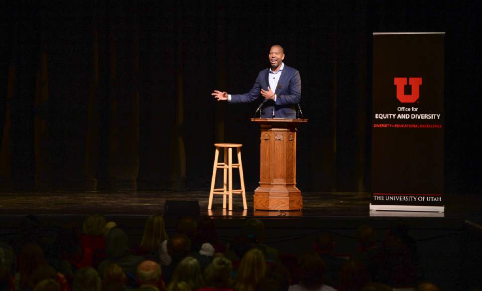 Francisco Kjolseth | The Salt Lake Tribune
Ta-Nehisi Coates, a journalist and "memoirist" who uses history and personal reflection to address some of the country's most contested issues, such as urban policing, racial identity and systemic racial bias, speaks at Kingsbury Hall as part of the Martin Luther King Day events on Wednesday,  Jan. 18, 2017.