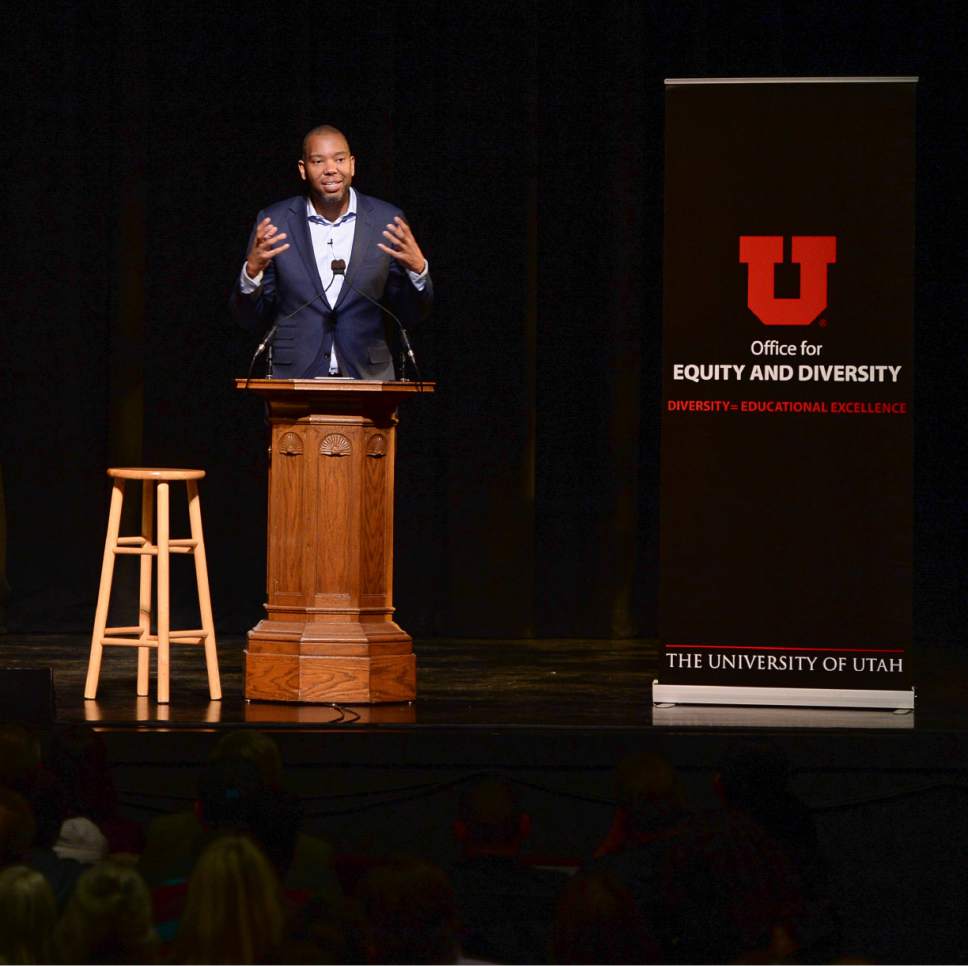 Francisco Kjolseth | The Salt Lake Tribune
Ta-Nehisi Coates, a journalist and "memoirist" who uses history and personal reflection to address some of the country's most contested issues, such as urban policing, racial identity and systemic racial bias, speaks at Kingsbury Hall as part of the Martin Luther King Day events on Wednesday,  Jan. 18, 2017.