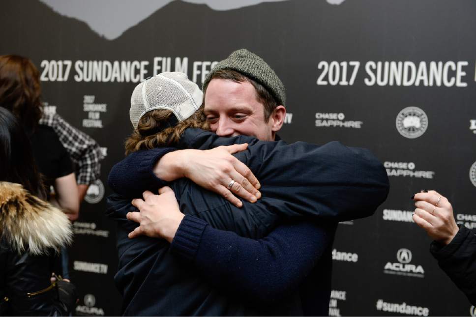 Francisco Kjolseth | The Salt Lake Tribune
Actor Macon Blair ("Blue Ruin," SFF '14) gets a hug from actor Elijah Wood as Blair makes his writing and directing debut with "I Don't Feel at Home in This World Anymore," as it premieres on day one at the Sundance Film Festival in Park City on Thursday, Jan. 19, 2017.
