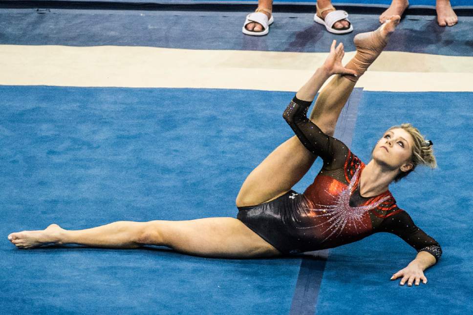 Chris Detrick  |  The Salt Lake Tribune
Utah's Sabrina Schwab competes on the floor during the gymnastics meet against Brigham Young University at the Marriott Center Friday January 13, 2017.