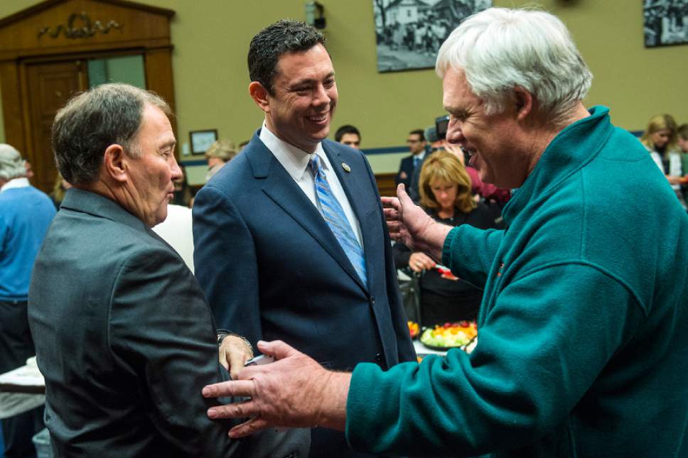 Chris Detrick  |  The Salt Lake Tribune
Kevin Cromar, of Cottonwood Heights, talks with Rep. Jason Chaffetz, R-Utah, and Gov. Gary R. Herbert during a reception in the Oversight Committee Room in the Rayburn House Office Building Thursday January 19, 2017.