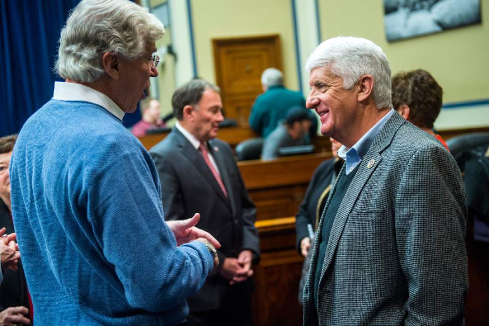 Chris Detrick  |  The Salt Lake Tribune
Brent Bishop, of Farmington, talks with Rep. Rob Bishop, R-Utah, during a reception in the Oversight Committee Room in the Rayburn House Office Building Thursday January 19, 2017.