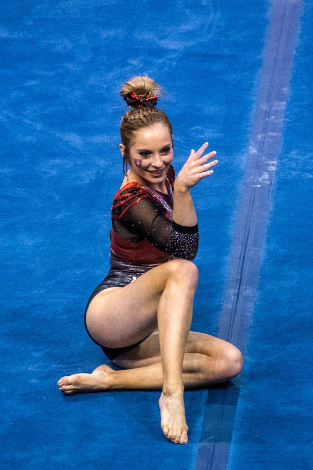Chris Detrick  |  The Salt Lake Tribune
Utah's Mykayla Skinner competes on the floor during the gymnastics meet against Brigham Young University at the Marriott Center Friday January 13, 2017.