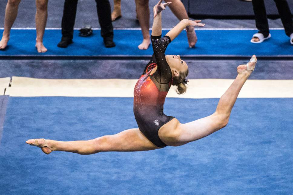 Chris Detrick  |  The Salt Lake Tribune
Utah's Makenna Merrell competes on the floor during the gymnastics meet against Brigham Young University at the Marriott Center Friday January 13, 2017.