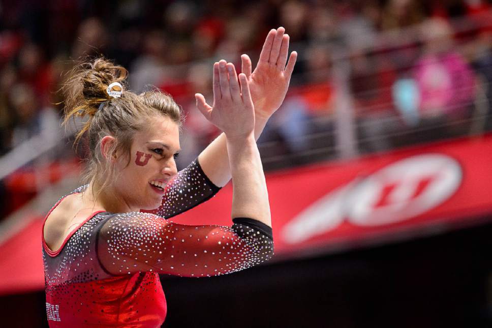 Trent Nelson  |  The Salt Lake Tribune
Baely Rowe performs her floor routine as the University of Utah hosts Michigan, NCAA gymnastics at the Huntsman Center in Salt Lake City, Saturday January 7, 2017.