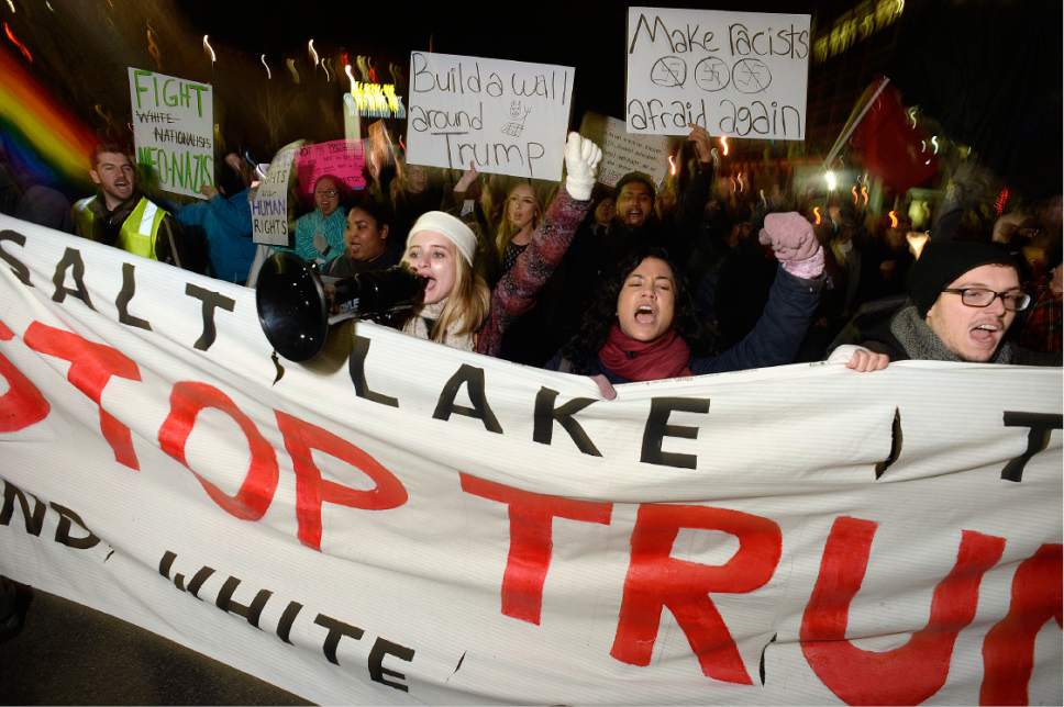 Scott Sommerdorf   |  The Salt Lake Tribune  
Protestors march toward the Capitol building protesting the inauguration of Donald Trump, Friday, January 20, 2017.