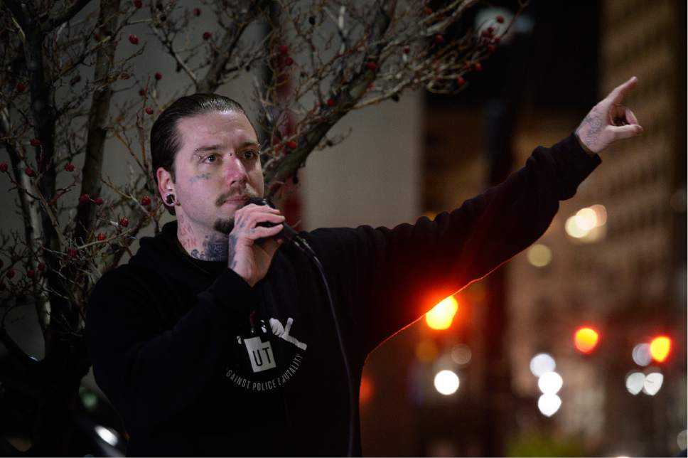 Scott Sommerdorf   |  The Salt Lake Tribune  
Ryan Parker was one of the speakers who urged people to organize and get involved in their communities as protestors occupied the square in front of the Bennett Federal Building on State Street protesting the inauguration of Donald Trump, Friday, January 20, 2017.