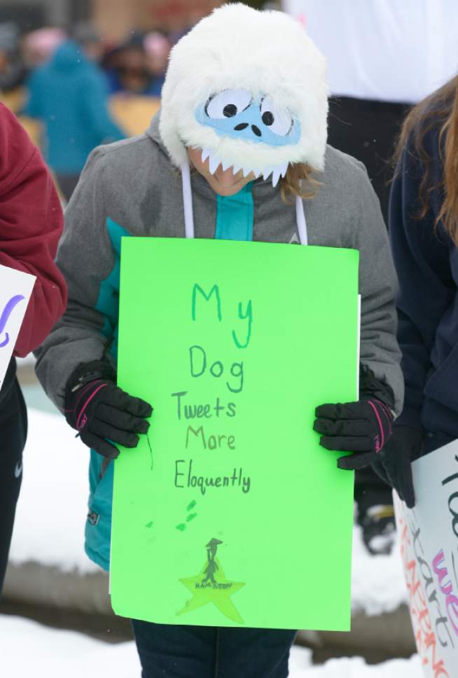 Leah Hogsten  |  The Salt Lake Tribune
Dory Jenson, 11, of Ogden had a few words for President Donald Trump and his tweets. In conjunction with the Women's March on Washington, Ogden hosted the Northern Utah Unity Rally Saturday, January 21, 2017  at Ogden Union Station with a march to Washington Boulevard, ending at the Ogden City Municipal Building, 2549 Washington Blvd.