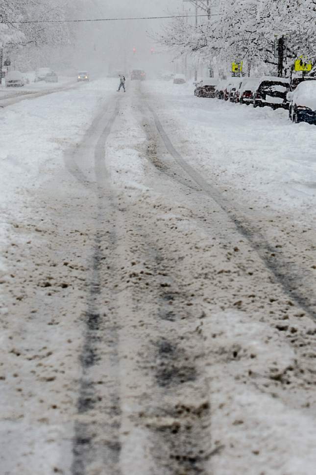 Trent Nelson  |  The Salt Lake Tribune
A pedestrian crosses a slushy street as a snowstorm hits Salt Lake City, Saturday January 21, 2017.