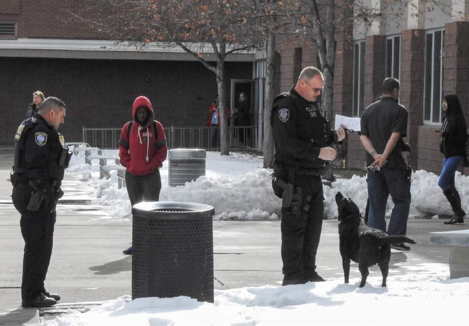 Francisco Kjolseth | The Salt Lake Tribune
Police respond to a bomb threat at Highland High School in Salt Lake where students were evacuated on Monday, Jan. 23, 2017.