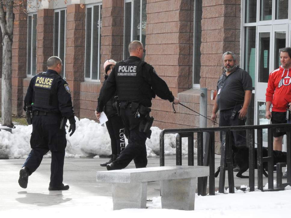 Francisco Kjolseth | The Salt Lake Tribune
Police respond to a bomb threat at Highland High School in Salt Lake where students were evacuated on Monday, Jan. 23, 2017.