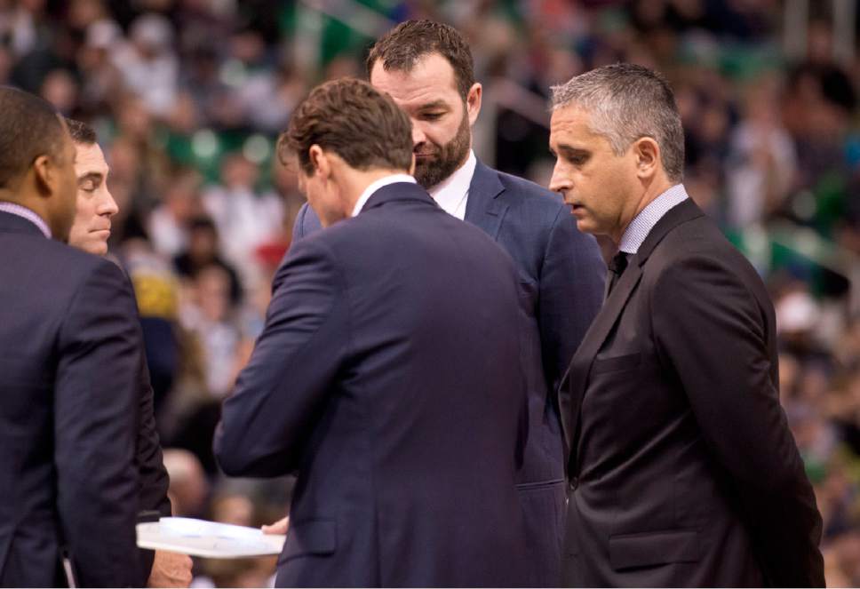 Lennie Mahler  |  The Salt Lake Tribune

Utah Jazz assistant coach Igor Kokoskov meets with other coaching staff during timeout of a game against the Oklahoma City Thunder on Monday, Jan. 23, 2017, at Vivint Smart Home Arena in Salt Lake City.