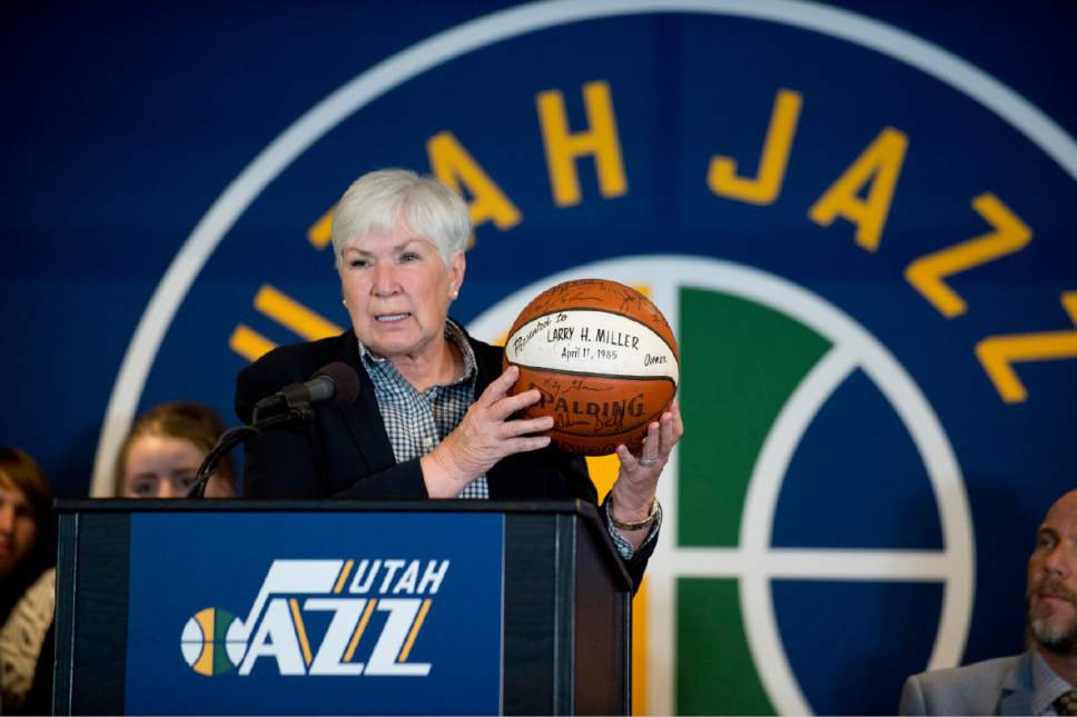 Lennie Mahler  |  The Salt Lake Tribune
Gail Miller, owner and chairman of The Larry H. Miller Group of Companies announces she will transfer ownership of the Utah Jazz and Vivint Smart Home Arena to a family-owned legacy fund Monday, Jan. 23, 2017.