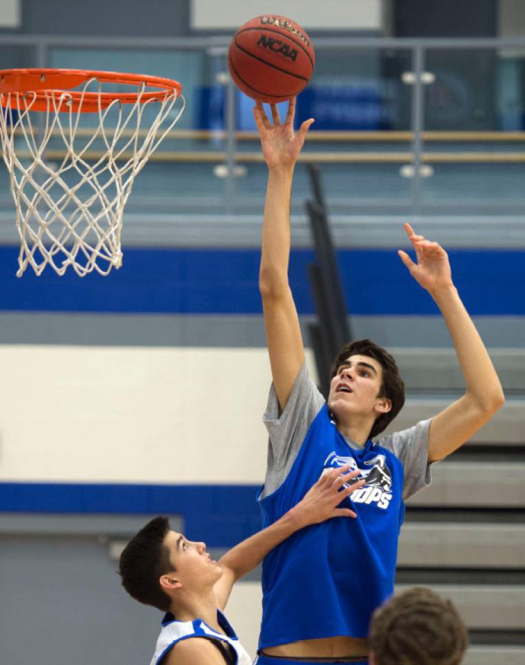Steve Griffin |  The Salt Lake Tribune

Pleasant Grove sophomore Matthew Van Komen is 7-foot-3 and one of the main reasons the Vikings are off to a 10-1 start this season. He is pictured here during practice at Pleasant Grove High School in Pleasant Grove Wednesday January 4, 2017.