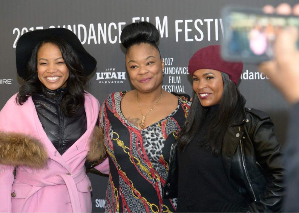 Leah Hogsten  |  The Salt Lake Tribune
Chante Adams, from left, Roxanne Shante and Nia Long arrive for the premiere of "Roxanne Roxanne," a film based on hip-hop legend Shanté, who went from hustling the streets at 14 to becoming the most feared battle emcee in the early-'80s New York rap scene. The movie made its premiere Sunday, Jan. 22, at the 2017 Sundance Film Festival in Park City.