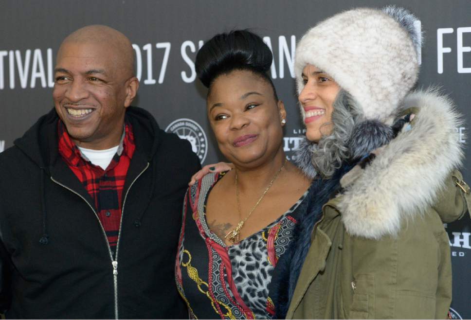 Leah Hogsten  |  The Salt Lake Tribune
"Roxanne Roxanne" co-producer Ralph McDaniels poses with Roxanne Shante' and co-producer Mimi Valdes at the premiere Sunday, Jan. 22, at the 2017 Sundance Film Festival in Park City.  "Roxanne Roxanne," is based on hip-hop legend Roxanne Shanté, played by Chanté Adams, who went from hustling the streets at 14 to becoming the most feared battle emcee in the early-'80s New York rap scene.