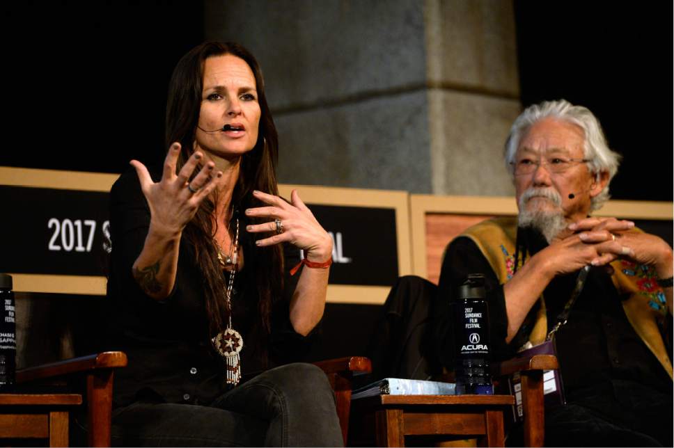 Scott Sommerdorf   |  The Salt Lake Tribune  
Heather Rae speaks during the panel discussion on climate change at the Egyptian Theater, Sunday, January 22, 2017.