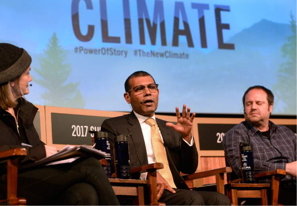 Scott Sommerdorf   |  The Salt Lake Tribune  
Former Maldives President Mohamed Nasheed speaks during the panel discussion on climate change at the Egyptian Theater, Sunday, January 22, 2017.