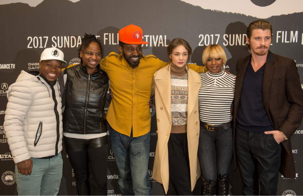 Rick Egan  |  The Salt Lake Tribune

Jason Mitchell, Dee Rees, Rob Morgan, Carey Mulligan, Mary J. Blige and Garrett Hedlund, at the Eccles Theatre for the premiere of "Mudbound" at the 2017 Sundance Film Festival in Park City, Saturday, January 21, 2017.