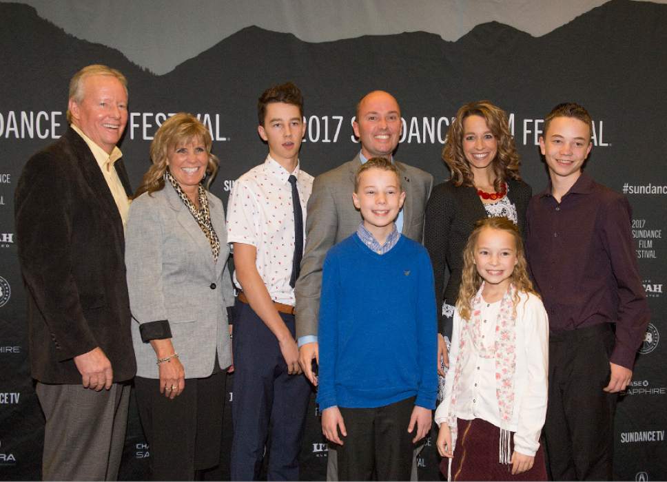 Leah Hogsten  |  The Salt Lake Tribune
l-r Utah Lt. Governor Spencer Cox (center) poses for a photo with his wife, Abby and children Kaleb, Gavin, Adam, Emma Kate and his parents Eddie and Lesa Cox  at the 2017 Sundance Film Festival opener in Salt Lake City for the documentary "The Mars Generation," the first time a children's film has been featured. "The Mars Generation" is a film about teens who aspire to be astronauts talk about going to Mars -- a goal that may be closer than many people think -- in director Michael Barnett's documentary.
