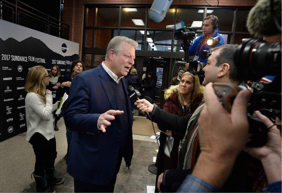 Scott Sommerdorf  |  The Salt Lake Tribune  
Former Vice President Al Gore speaks about film "An Inconvenient Sequel: Truth to Power"  while passing down the red carpet at the Eccles Theatre in Park City on Thursday, Jan. 19, 2017.