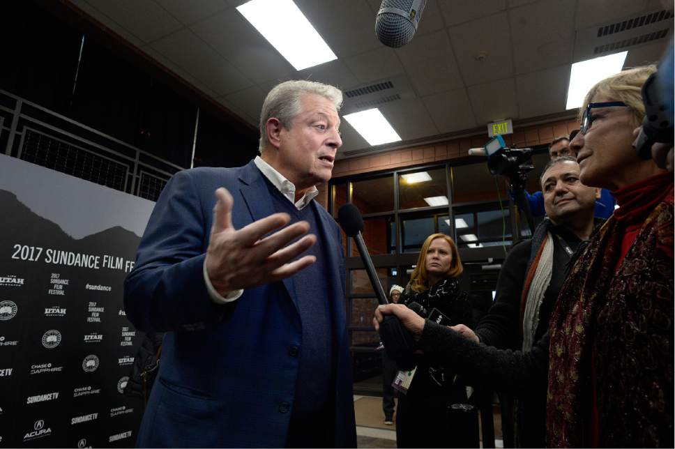Scott Sommerdorf  |  The Salt Lake Tribune  
Former Vice President Al Gore speaks about film "An Inconvenient Sequel: Truth to Power"  while passing down the "red carpet" at the Eccles Theater on Thursday, Jan. 19, 2017.