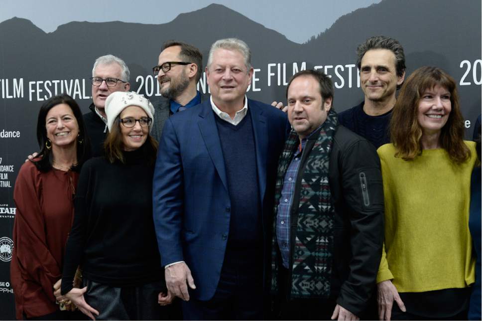 Scott Sommerdorf   |  The Salt Lake Tribune  
At the premiere of "An Inconvenient Sequel: Truth to Power" at the Eccles Theatre in Park City on Thursday, Jan. 19, 2017, from left to right:
Laurie David, Executive Producer
David Linde, CEO of Participant Media
Lesley Chilcott, Executive Producer
Richard Berge, Co-Producer
Former Vice President Al Gore
Jeff Skoll Founder & Chairman, Participant Media
Lawrence Bender, Executive Producer
Dianne Weyermann, EVP, Documentary Film Participant Media