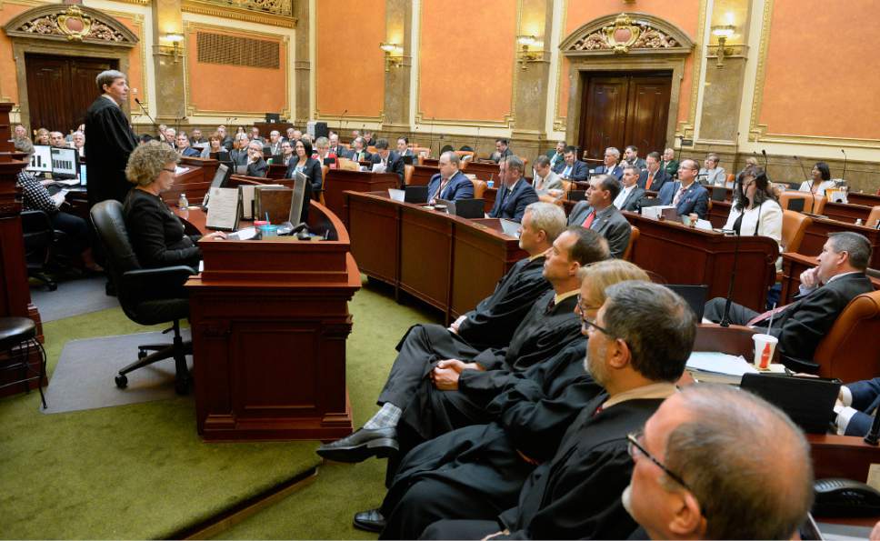 Al Hartmann  |  The Salt Lake Tribune
Utah Chief Justice Matthew Durrant, upper left, gives the State of the Judiciary address to members of the Utah House of Representatives Monday Jan. 23, the first day of the 2017 session.