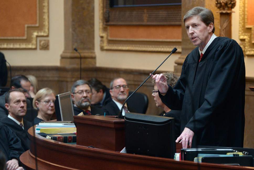 Al Hartmann  |  The Salt Lake Tribune
Utah Chief Justice Matthew Durrant gives the State of the Judiciary address to members of the Utah House of Representatives Monday Jan. 23, the first day of the 2017 session.