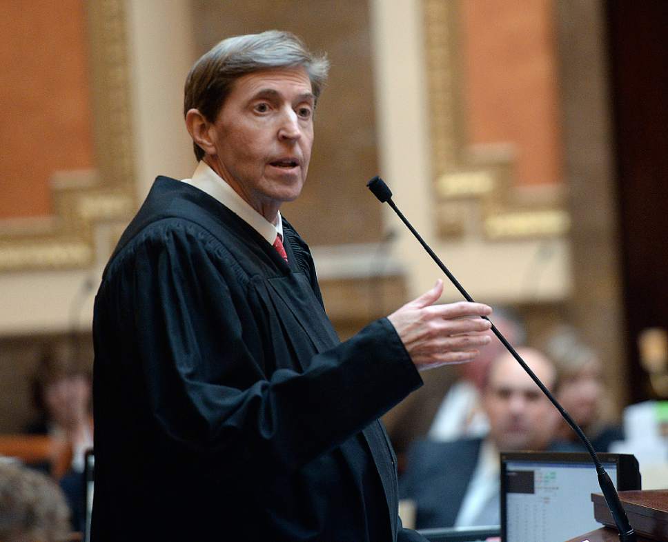 Al Hartmann  |  The Salt Lake Tribune
Utah Chief Justice Matthew Durrant gives the State of the Judiciary address to members of the Utah House of Representatives Monday Jan. 23, the first day of the 2017 session.