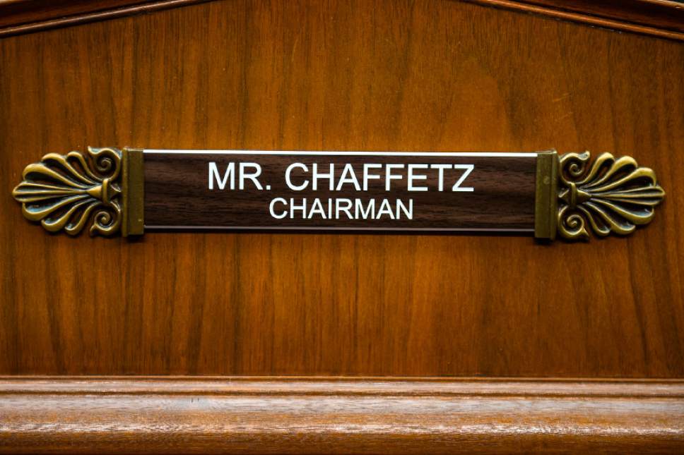 Chris Detrick  |  The Salt Lake Tribune
The name tag for Rep. Jason Chaffetz, R-Utah, in the Oversight Committee Room in the Rayburn House Office Building Thursday January 19, 2017.