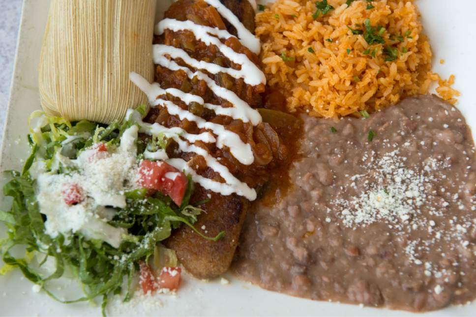 Rick Egan  |  The Salt Lake Tribune

The two-item combination platter with chile relleno and chicken tamale, rice and beans, at Chile-Tepin in downtown Salt Lake City.