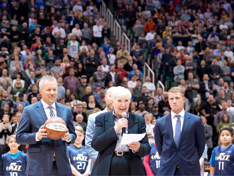 Lennie Mahler  |  The Salt Lake Tribune

Gail Miller, owner and chairman of The Larry H. Miller Group of Companies, and flanked by Greg Miller, Steve Miller and Zane Miller, announces during a game against the Oklahoma City Thunder she will transfer ownership of the Utah Jazz and Vivint Smart Home Arena to a family-owned legacy fund Monday, Jan. 23, 2017.