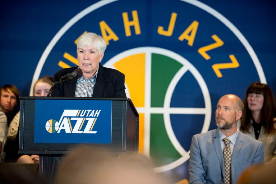Lennie Mahler  |  The Salt Lake Tribune

Gail Miller, owner and chairman of The Larry H. Miller Group of Companies announces she will transfer ownership of the Utah Jazz and Vivint Smart Home Arena to a family-owned legacy fund Monday, Jan. 23, 2017.
