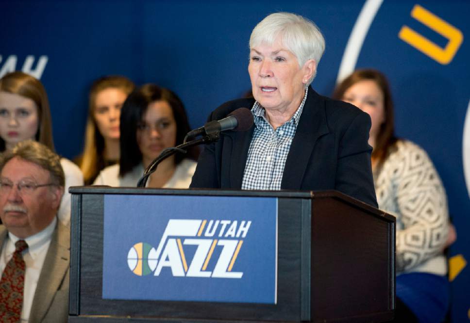 Lennie Mahler  |  The Salt Lake Tribune

Gail Miller, owner and chairman of The Larry H. Miller Group of Companies announces she will transfer ownership of the Utah Jazz and Vivint Smart Home Arena to a family-owned legacy fund Monday, Jan. 23, 2017.