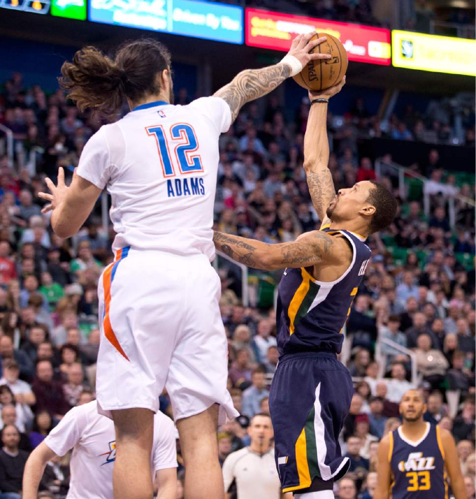 Lennie Mahler  |  The Salt Lake Tribune

George Hill has his shot blocked by Steven Adams in a game against the Oklahoma City Thunder on Monday, Jan. 23, 2017, at Vivint Smart Home Arena in Salt Lake City.