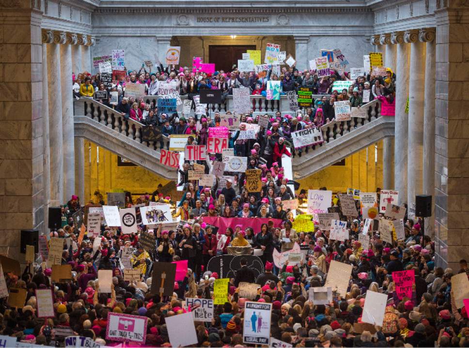 Steve Griffin / The Salt Lake Tribune

Thousands of people attend the Women's March on the Capitol which began at City Creek Park, and proceeded up State Street to the State Capitol. Participants filled the Rotunda for a rally against bills and stands they say hurt women. in Salt Lake City Monday January 23, 2017.