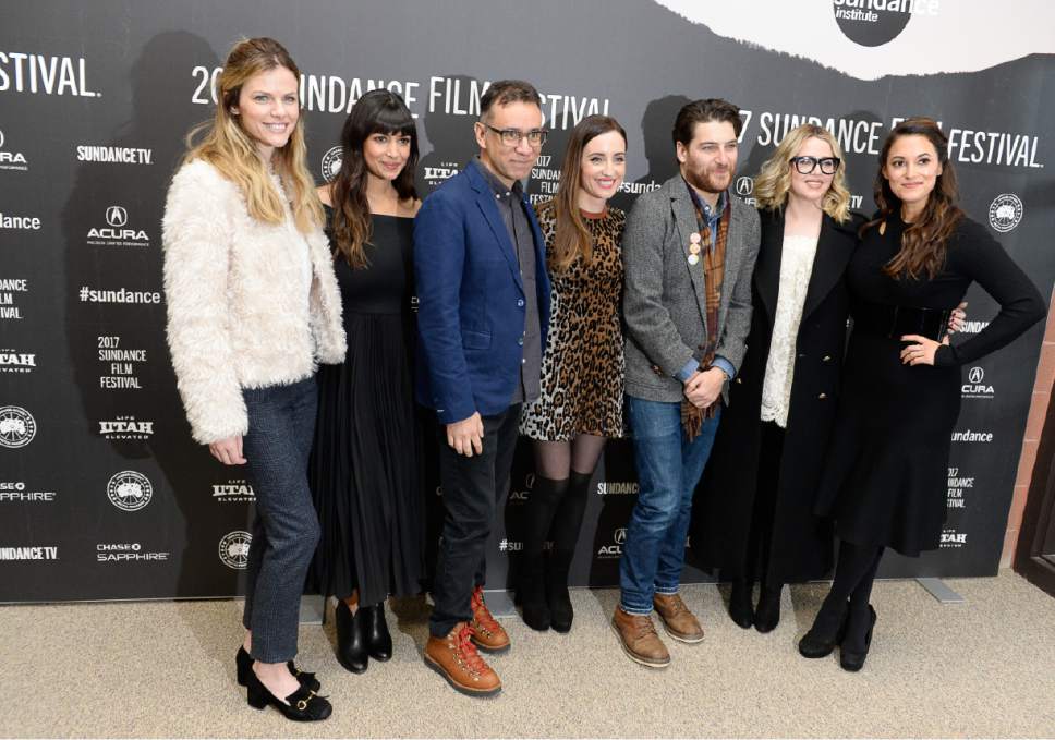 Francisco Kjolseth | The Salt Lake Tribune
Brooklyn Decker, Hannah Simone, Fred Armisen, Zoe Lister-Jones, Adam Pally, Majandra Delfino and Angelique Cabral, from left, attend the premiere of "Band Aid," at the Eccles Theatre as part of 2017 Sundance Film Festival in Park City on Tuesday, Jan. 24, 2017.