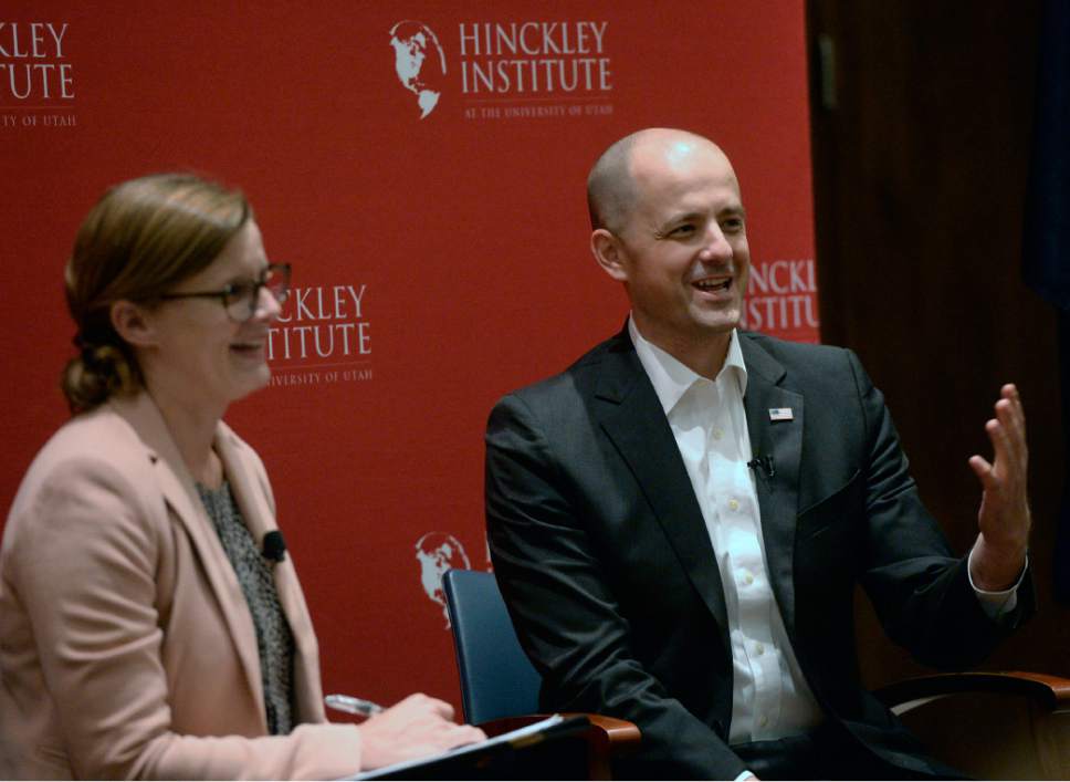 Al Hartmann  |  The Salt Lake Tribune
Evan McMullin, a conservative independent presidential candidate, appears at the Hinckley Institute of Politics at the University of Utah Wednesday September 1. Institute program manager Morgan Lyon Cotti, left.