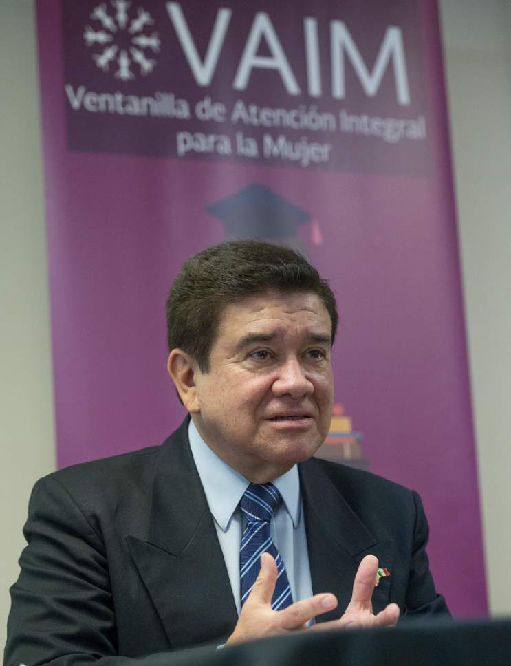 Leah Hogsten  |  The Salt Lake Tribune
Javier Chagoya, the consul for Mexico in Salt Lake City, unveils la Ventanilla de Atención Integral a la Mujer  or VAIM (Comprehensive Attention Window for Women) at the consulate on Wednesday, January 25, 2017. VAIM is aimed to bring together efforts to meet the needs of women in the Hispanic community, including health, legal assistance, education, community services and others. VAIM's goal is to provide the necessary tools to promote the independence and community empowerment of women migrants, taking into account their particular circumstances and, if applicable, their situation of vulnerability.