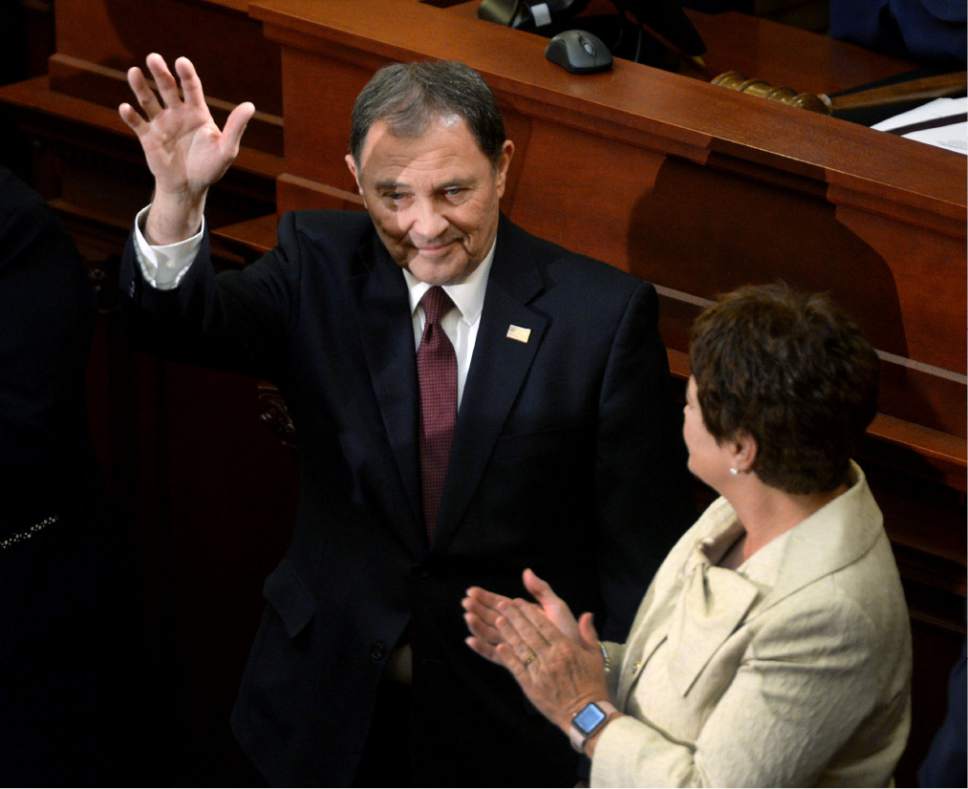 Steve Griffin / The Salt Lake Tribune

Utah Gov. Gary Herbert waves after giving the State of the State address from the House of Representatives at the State Capitol in Salt Lake City Wednesday January 25, 2017.
