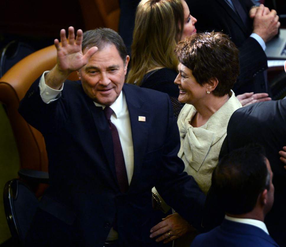 Steve Griffin / The Salt Lake Tribune

Utah Gov. Gary Herbert waves after giving the State of the State address from the House of Representatives at the State Capitol in Salt Lake City Wednesday January 25, 2017.