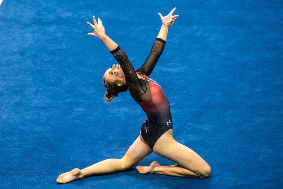 Chris Detrick  |  The Salt Lake Tribune
Utah's Mykayla Skinner competes on the floor during the gymnastics meet against Brigham Young University at the Marriott Center Friday January 13, 2017.