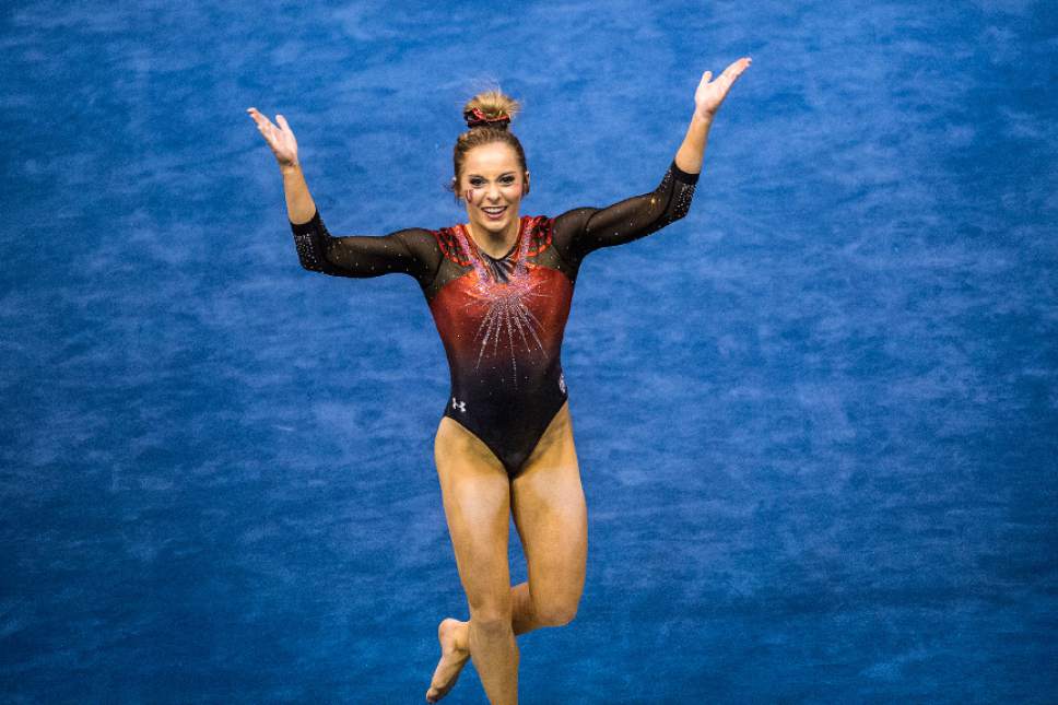 Chris Detrick  |  The Salt Lake Tribune
Utah's Mykayla Skinner competes on the floor during the gymnastics meet against Brigham Young University at the Marriott Center Friday January 13, 2017.