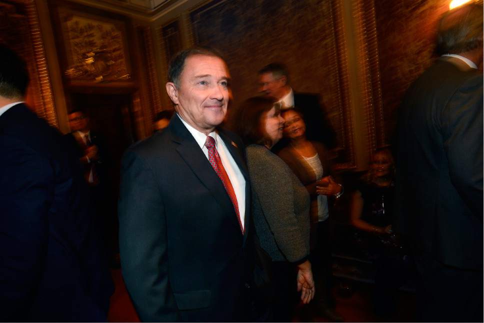 Scott Sommerdorf   |  The Salt Lake Tribune  
Utah Governor Gary R. Herbert arrives prior to the State of Utah's Inaugural Ceremony during a gathering in the Gold Room, Wednesday, January 4, 2017.