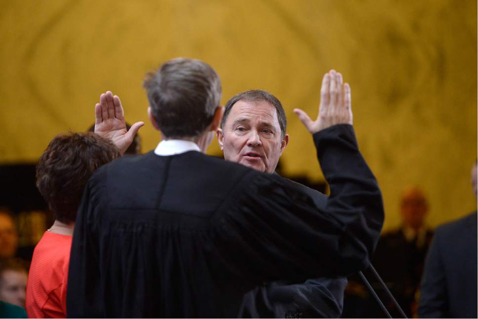 Scott Sommerdorf   |  The Salt Lake Tribune  
Utah Governor Gary R. Herbert takes his oath of office at the State of Utah's Inaugural Ceremony in the Capitol rotunda, Wednesday, January 4, 2017.