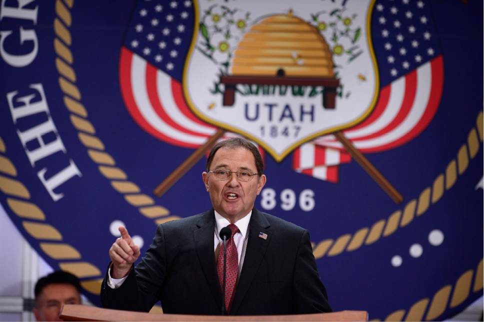 Scott Sommerdorf   |  The Salt Lake Tribune  
Utah Governor Gary R. Herbert delivers his inaugural address at the State of Utah's Inaugural Ceremony in the Capitol rotunda earlier this month.